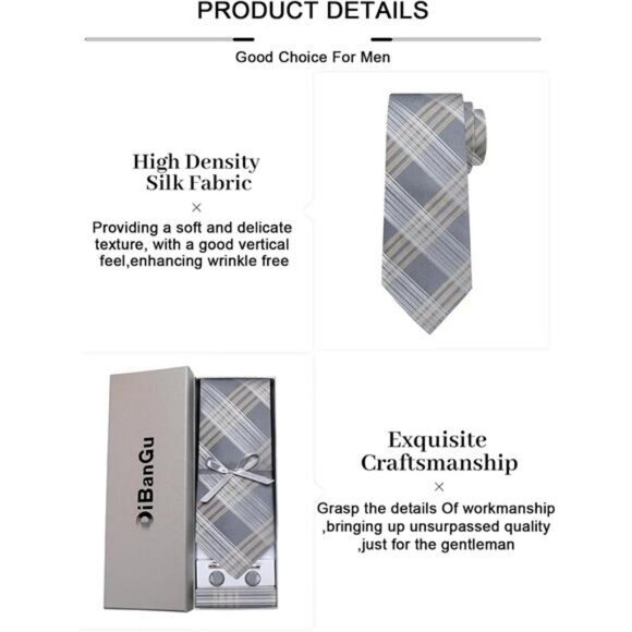 Mens Silk Plaid Tie Set Pocket Square Cufflinks Clip Wedding Business Gift - Picture 6 of 7